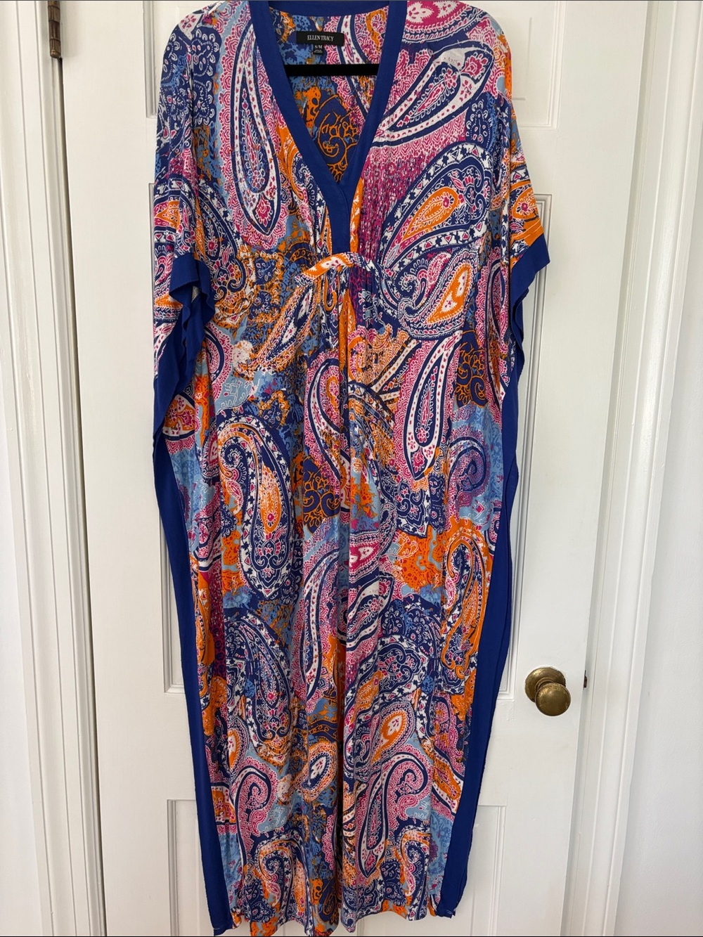 Ellen Tracy Vibrant Paisley V-Neck Maxi Dress in Blue, Pink & Orange